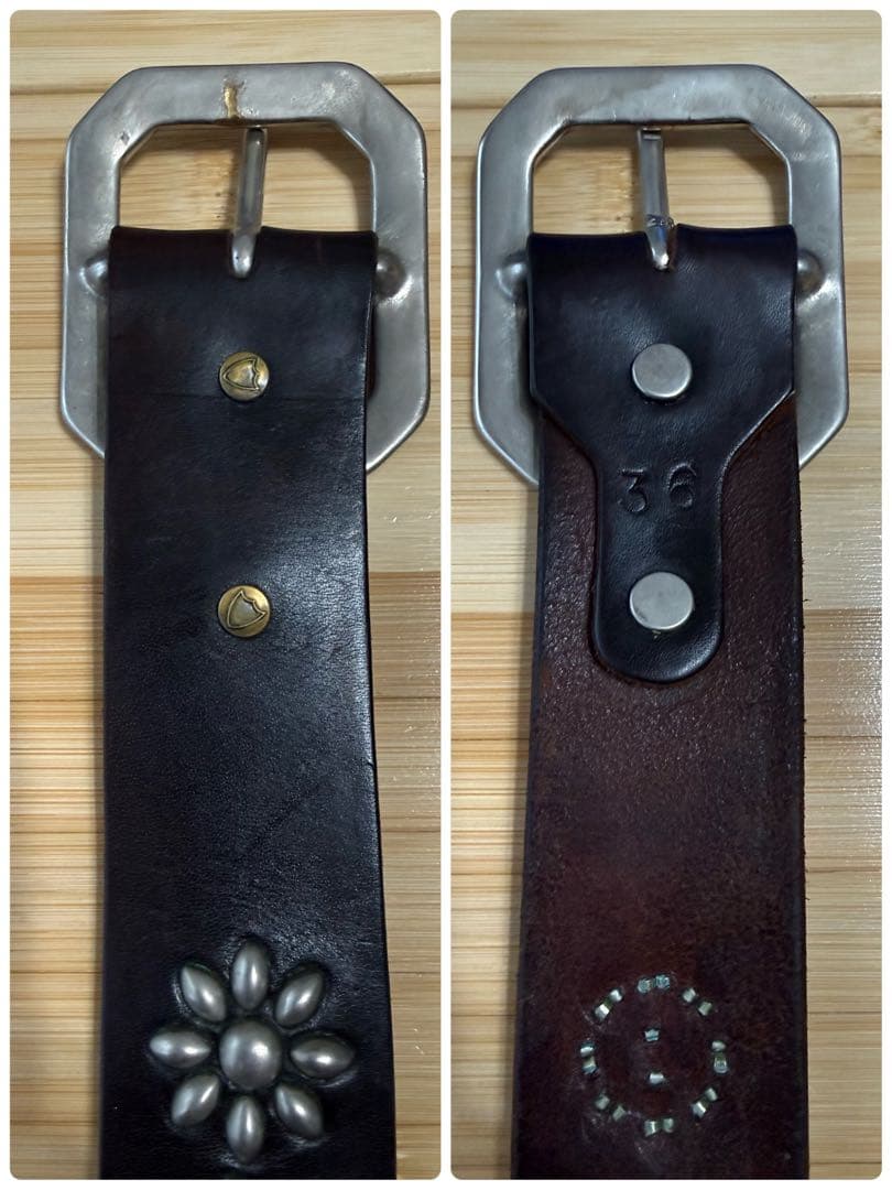 ⭐️HTC⭐️フラワーベルト⭐️ブラック(茶芯)レザー×シルバースタッズ⭐️36インチ