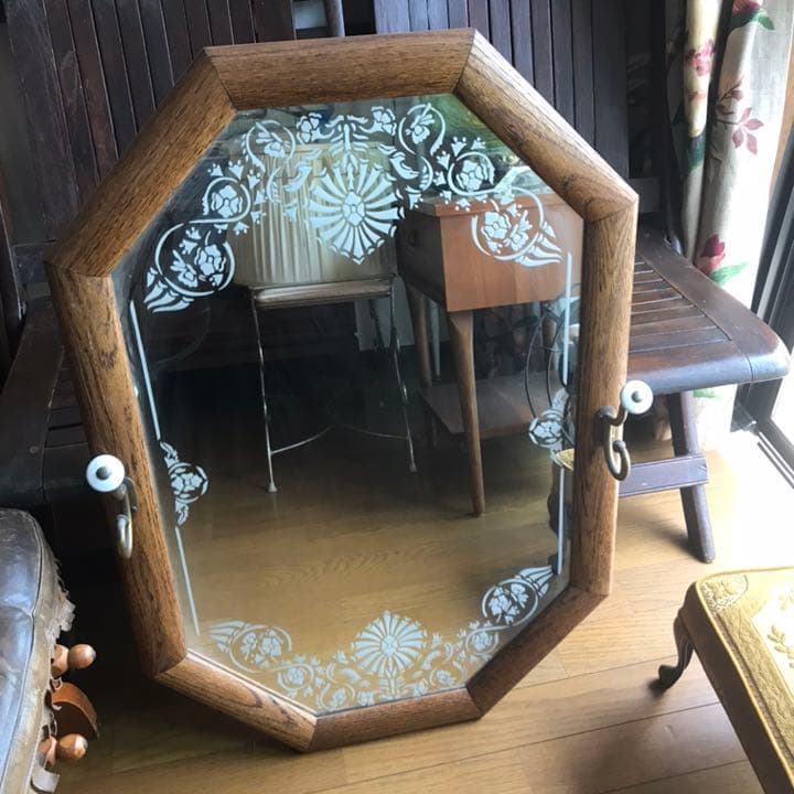 貴重特大★アメリカアンティーク　フック付き壁掛けミラー鏡　USAヴィンテージ家具