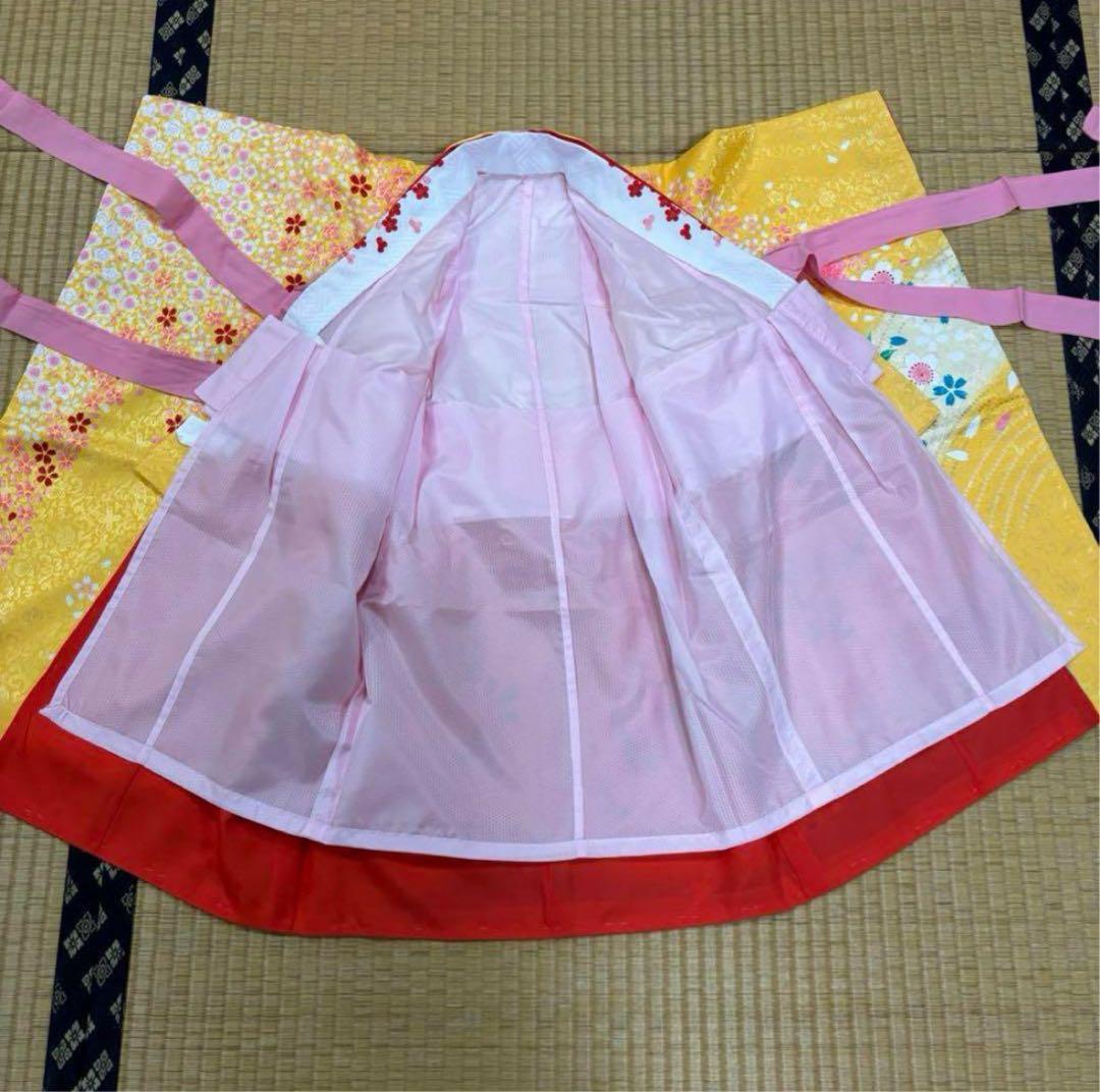 七五三　3歳女の子着物　新品　２点セット　鮮やか黄色　水色　花車　手毬　日本製