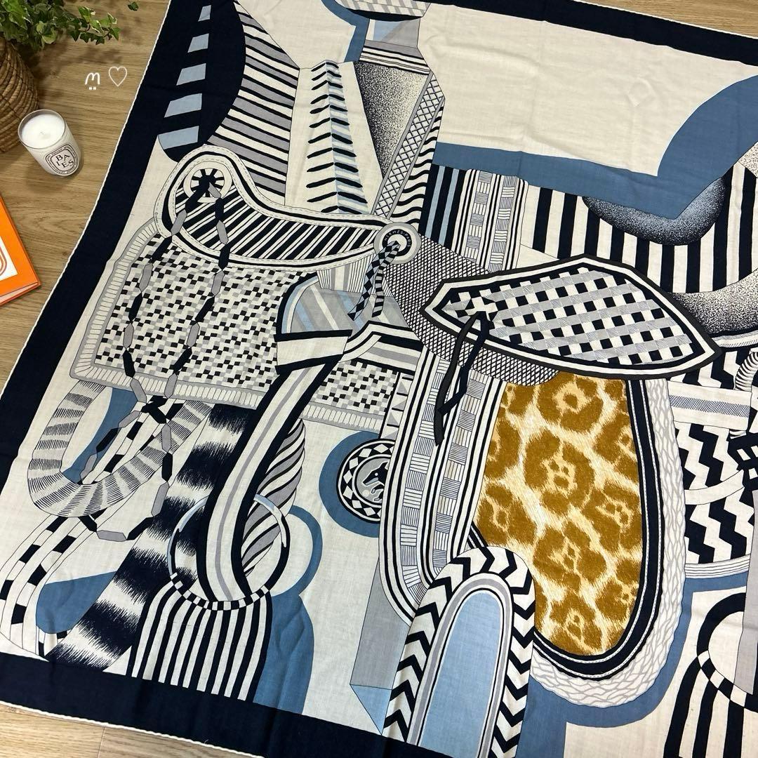 HERMESエルメス　カレ140　ジェアン　空想の鞍　カシシル　ストール　マリン