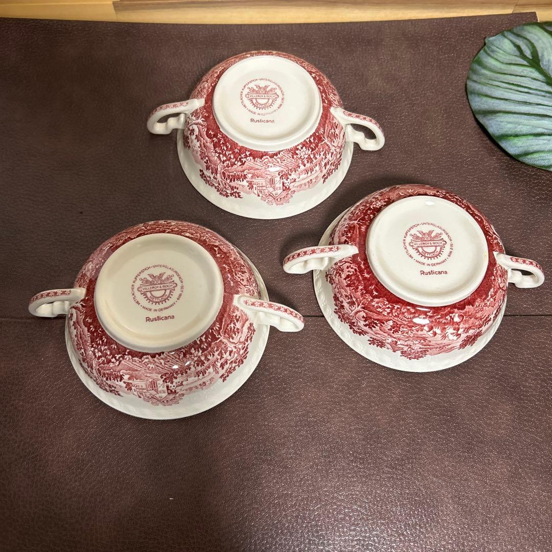 3セット　ビレロイ&ボッホ　スープカップ　ソーサー付　花　赤　Rusticana