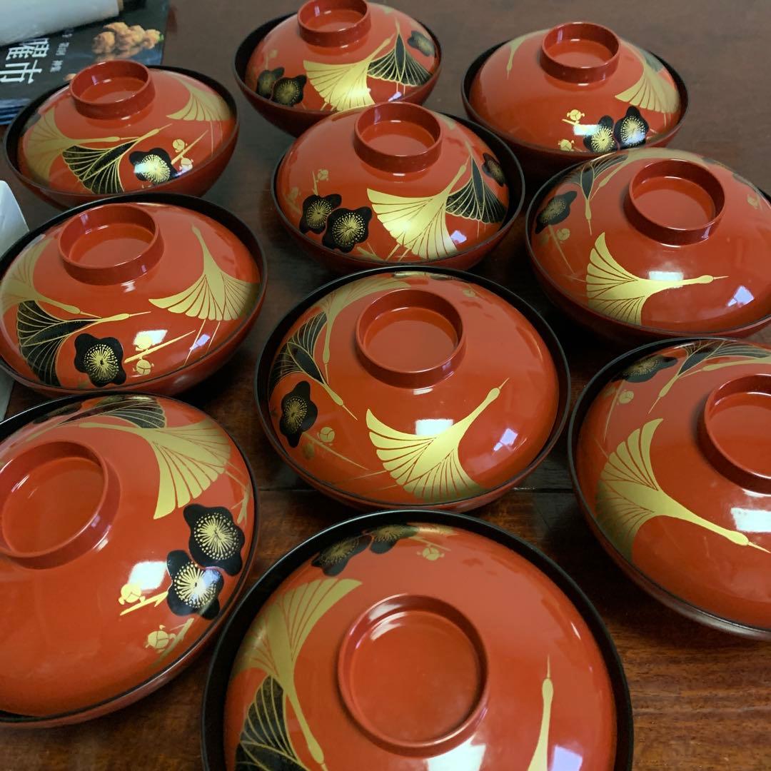 【中古】赤い汁椀 10個セット 扇子と花の模様19-384