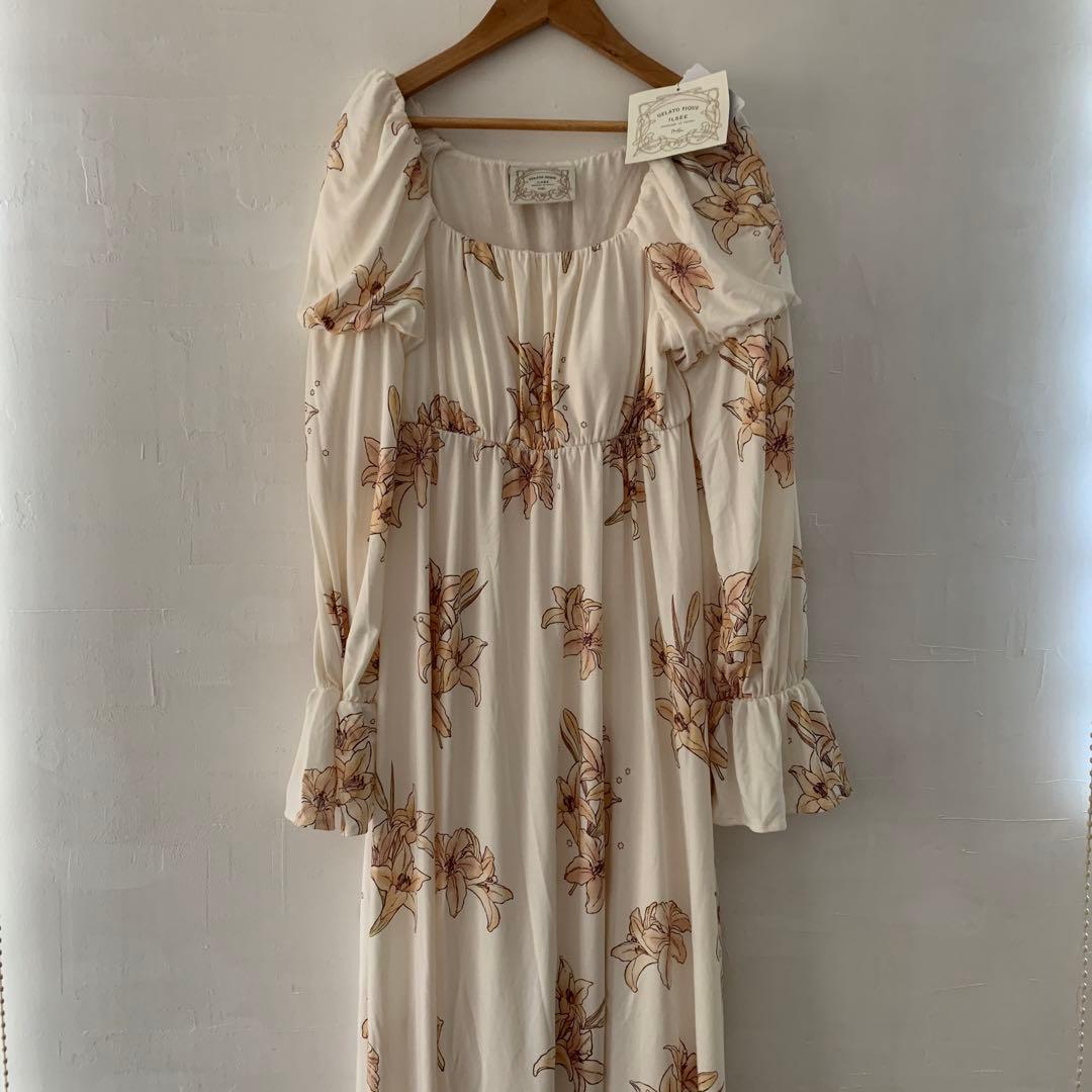 【新品】 ジェラートピケ ミュシャ リリー柄カップインロングスリーブワンピース