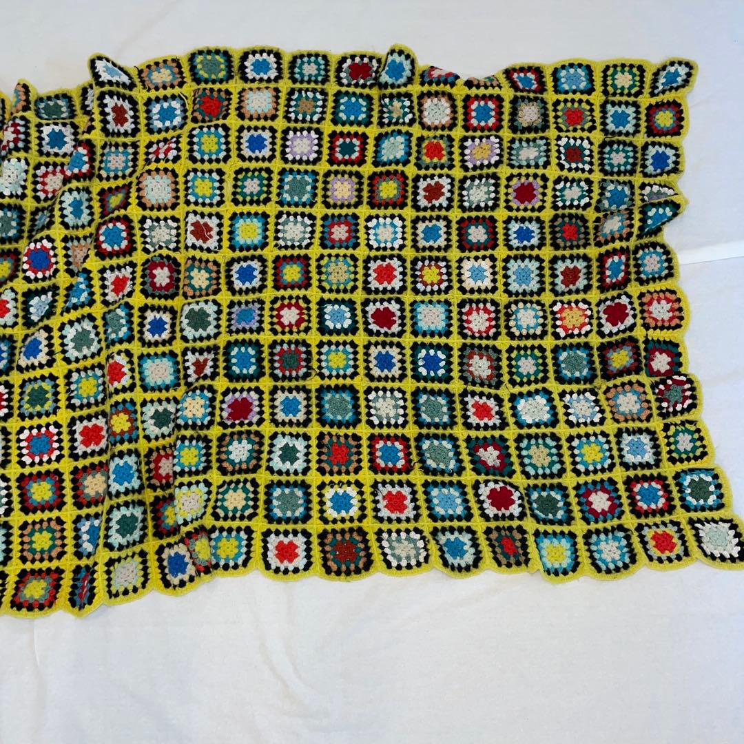 ヴィンテージ　ハンドメイド　ニット　ブランケット　パッチワーク　ラグ　アート