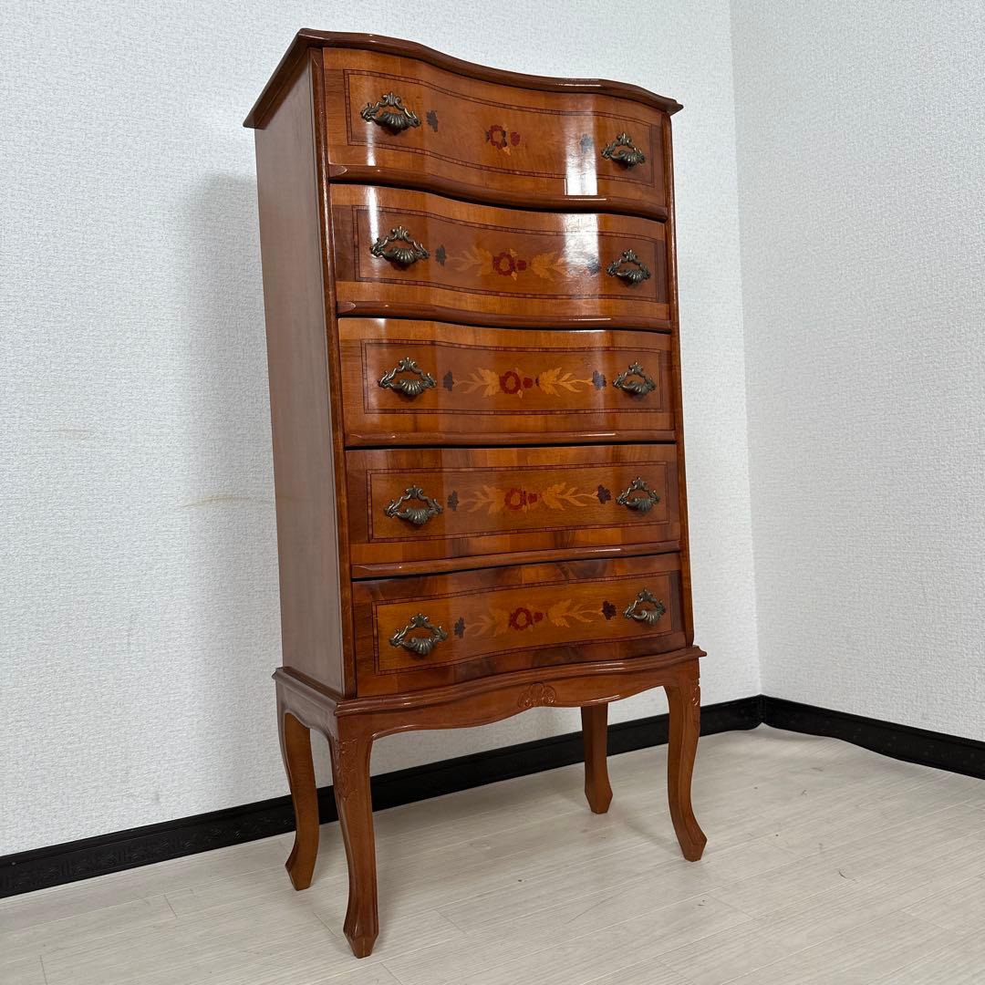 イタリア製 チェスト 5段5杯 象嵌細工 象嵌 金属取手 猫脚 i4※