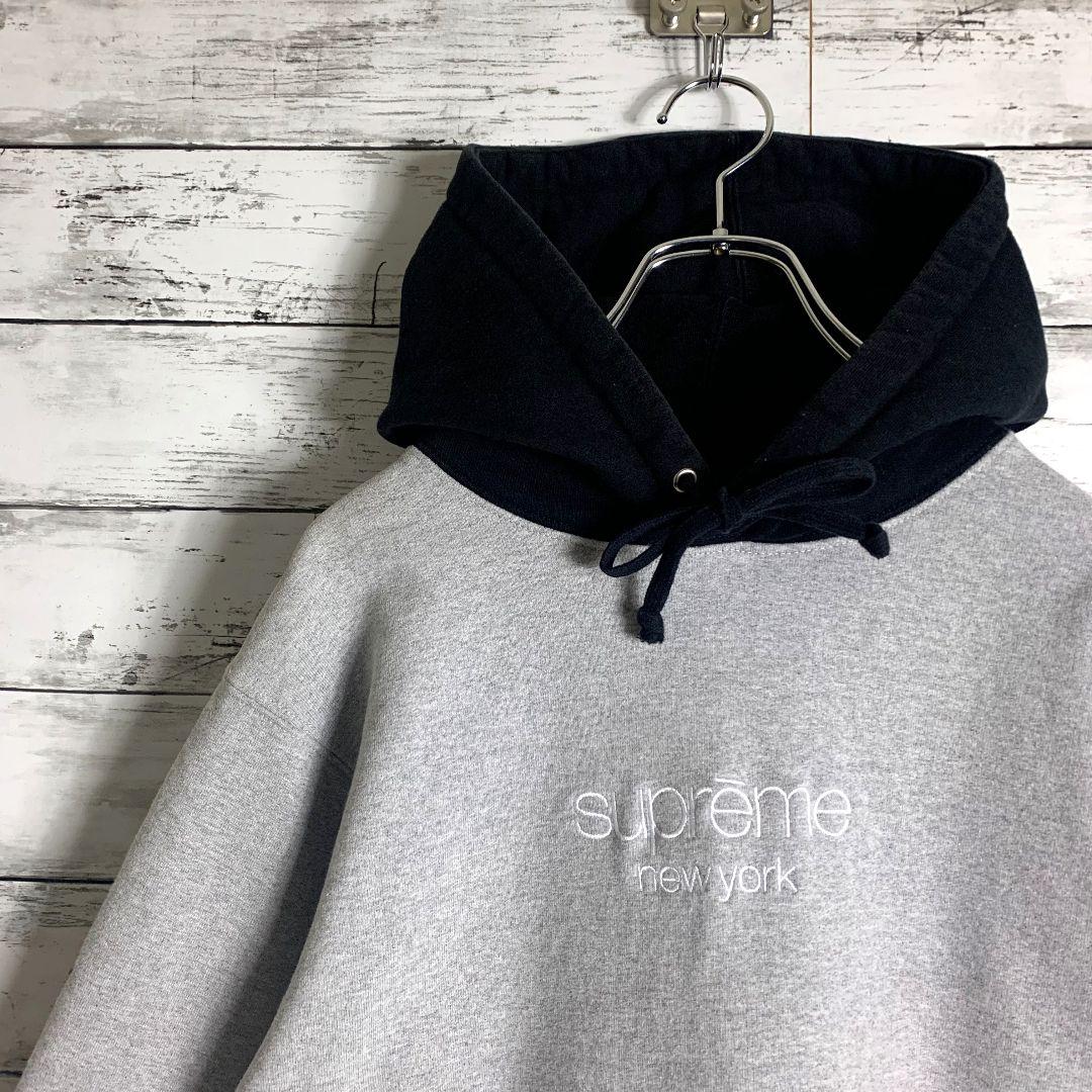 872【めっちゃレア】シュプリーム☆刺繍ロゴ入りパーカー　フードバイカラー