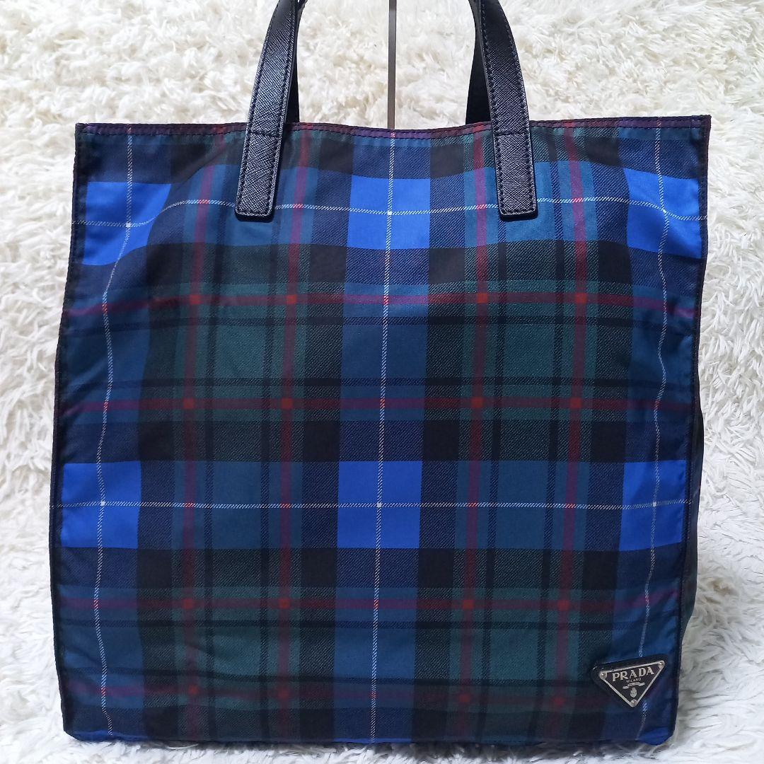 ●美品●　PRADA　チェック　マルチカラー　三角ロゴプレート　トートバッグ