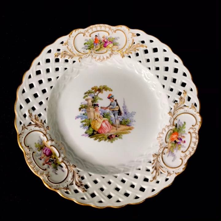 Meissen古マイセン/※美術館級 超レア1級品 ワトー上級4面絵付透かし皿E