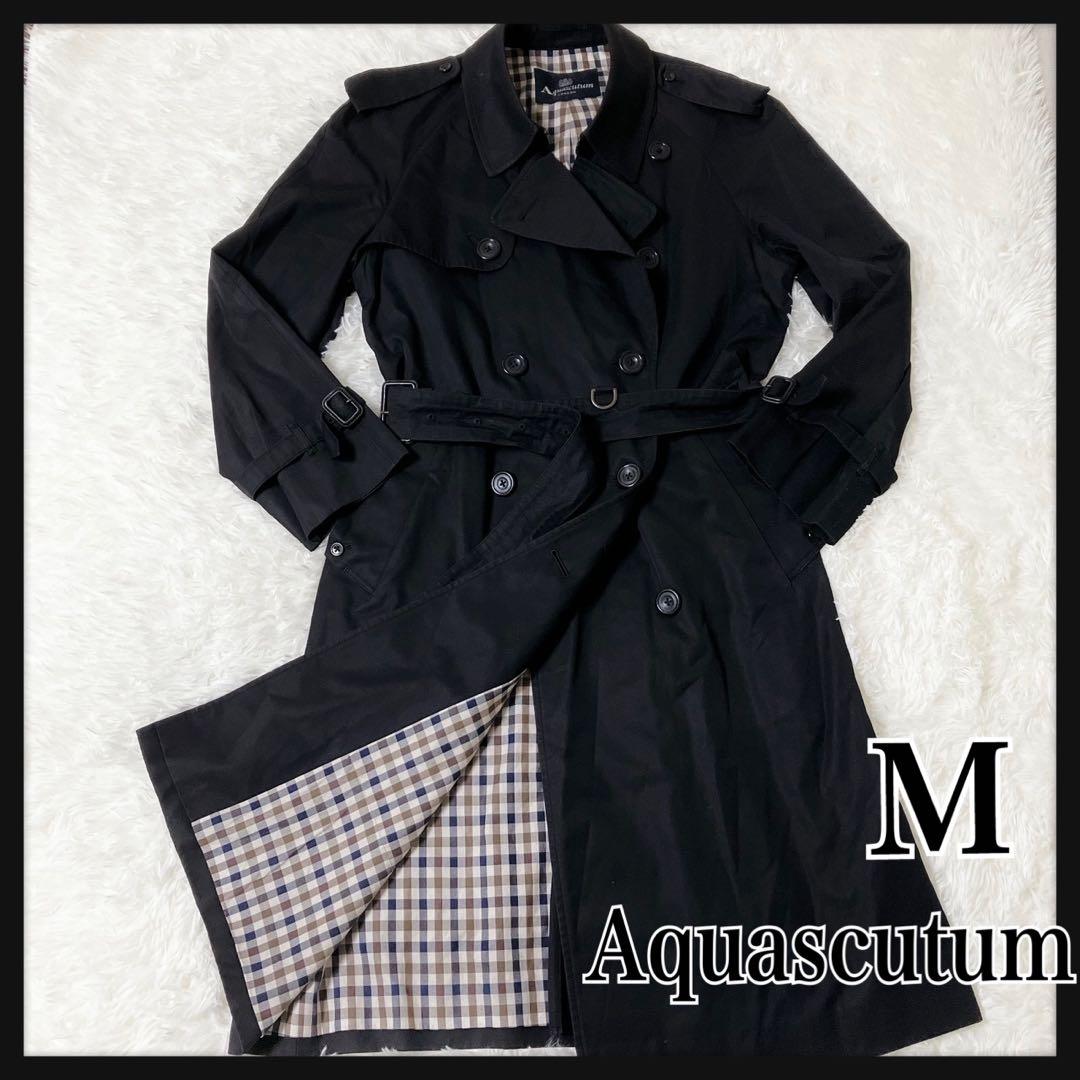 【大人気定番】Aquascutum⭐︎トレンチコート ベルト付 チェック 黒 M