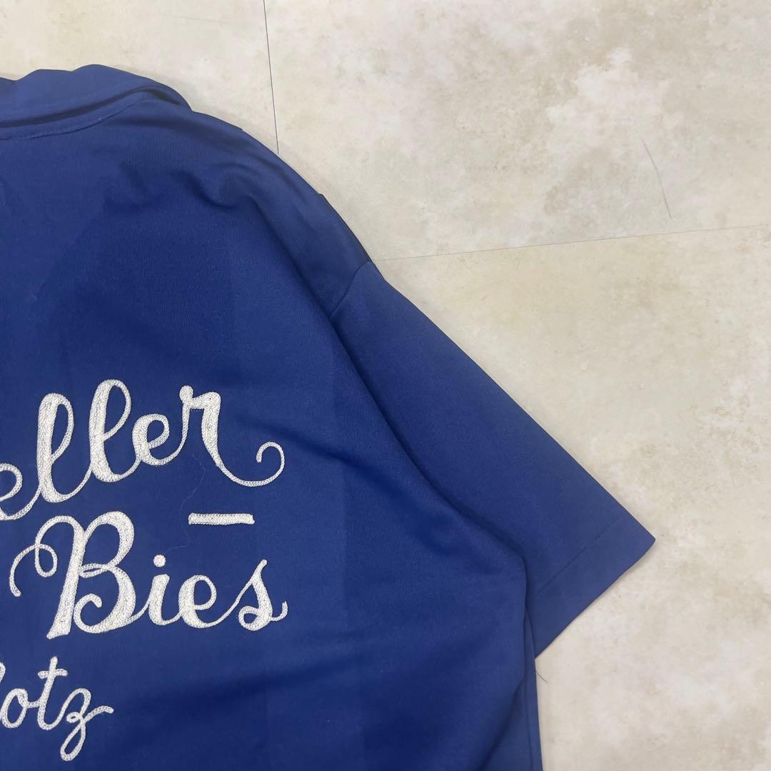 70s ボーリングシャツ USA製 青 チェーンステッチ XL開襟シャツ