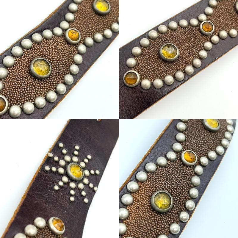 HTC エイチティーシ－ ベルト ビジュー スタッズ 装飾 本革 ダークブラウン