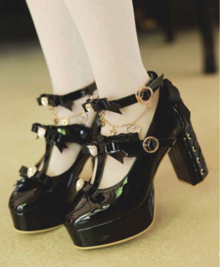 LIZLISA アンクレットストラップ3連リボンパンプス　ブラック　厚底