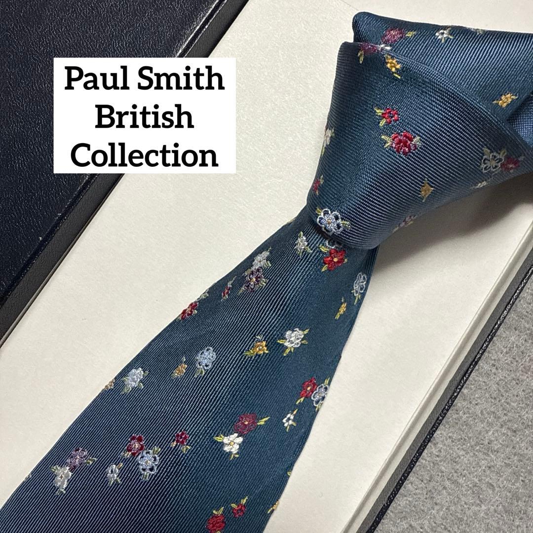 ポールスミス　ネクタイ　青紺　花柄　刺繍　シルクジャガード