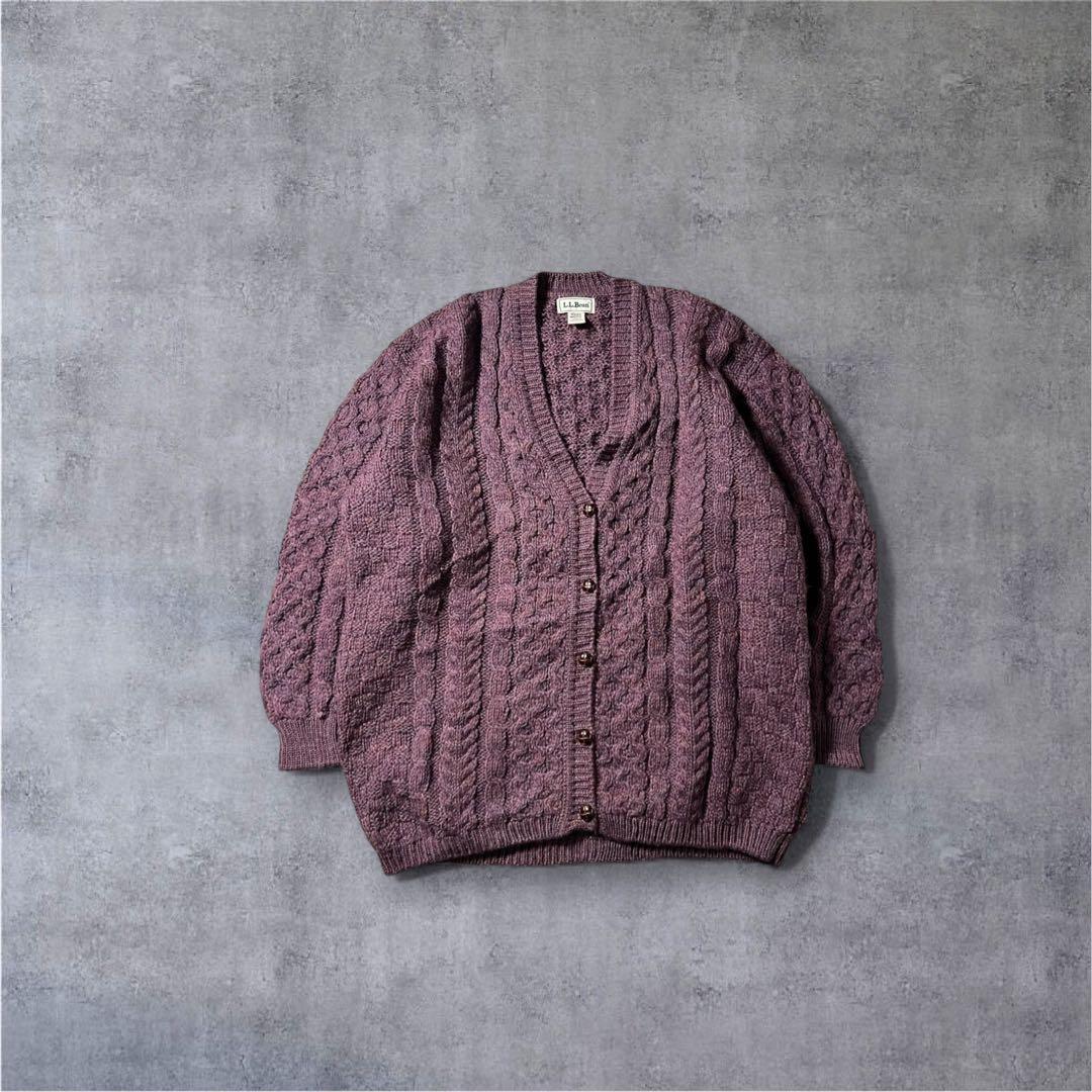 70s-80sL.L.Beanアランニットカーディガン パープル　アイルランド製
