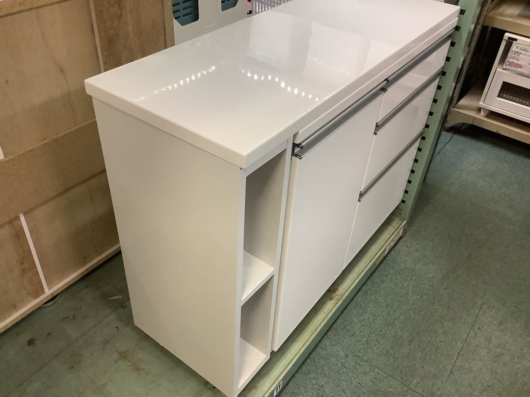 エナメルホワイト　伸縮式キッチンカウンター　キャスター付き