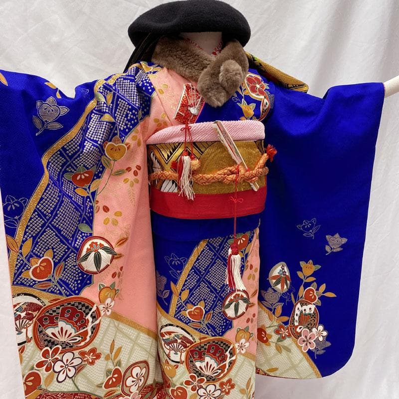 411ag78◎七五三 七歳 女児 着物&袋帯&長襦袢 古典柄 金駒刺繍 青◎