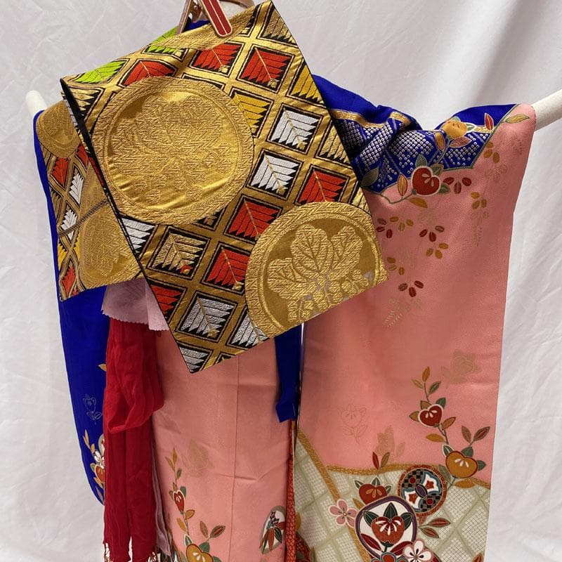 411ag78◎七五三 七歳 女児 着物&袋帯&長襦袢 古典柄 金駒刺繍 青◎