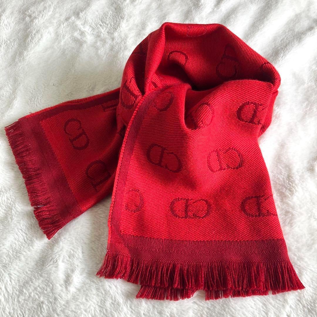 クリスチャンディオール ウール CDロゴ フリンジマフラー レッド