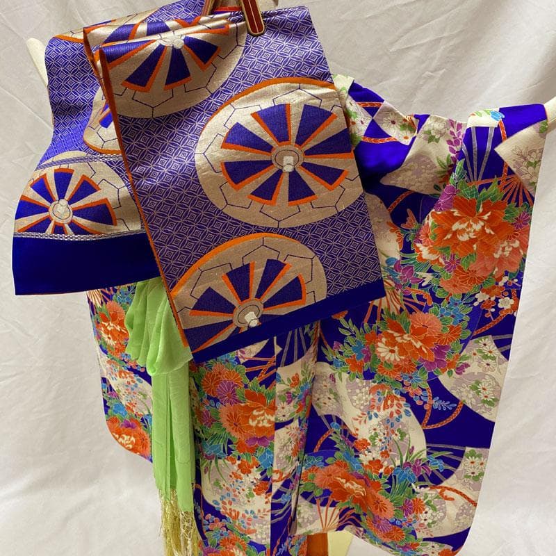 410ag53◎七五三 七歳 女児 着物&袋帯 総柄 花扇 金彩◎状態良好