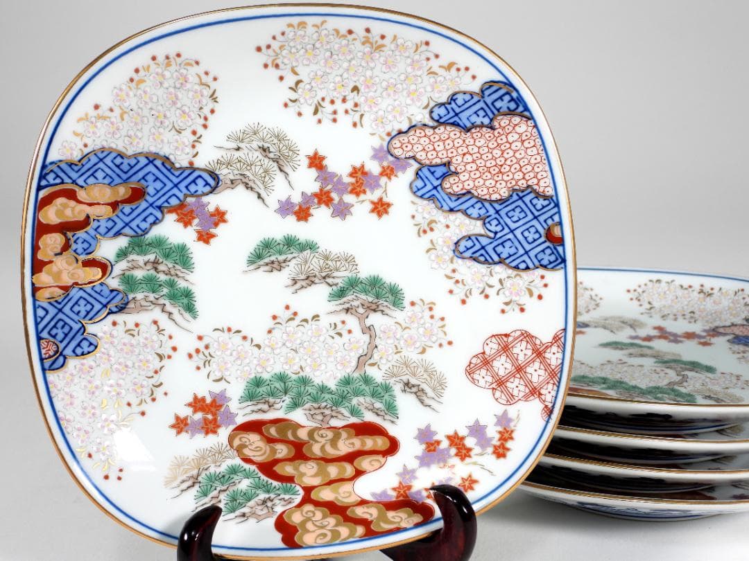 有田焼 賞美堂 其泉窯 其泉 染錦 春秋文 御皿揃 銘々皿 ５枚