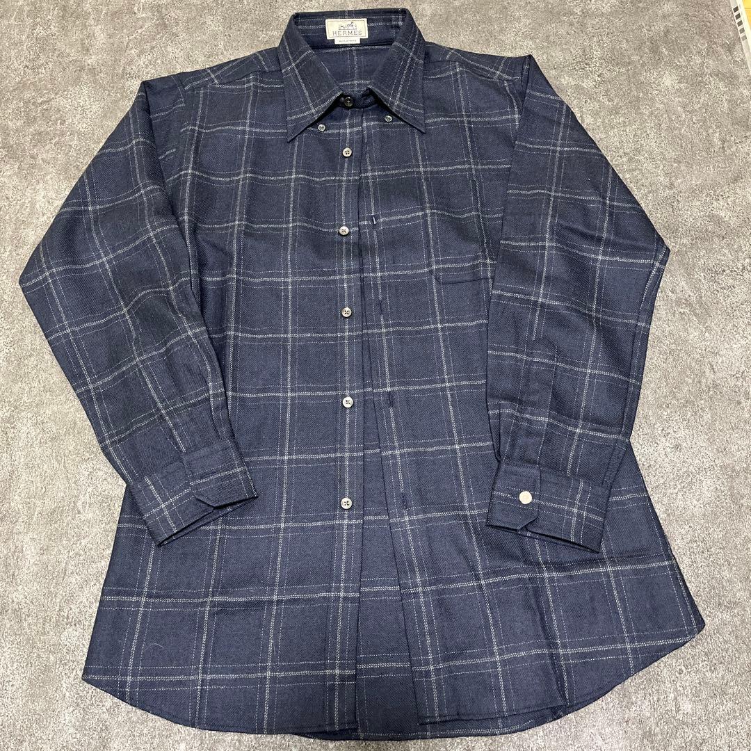 ネイビー チェック柄 長袖シャツ