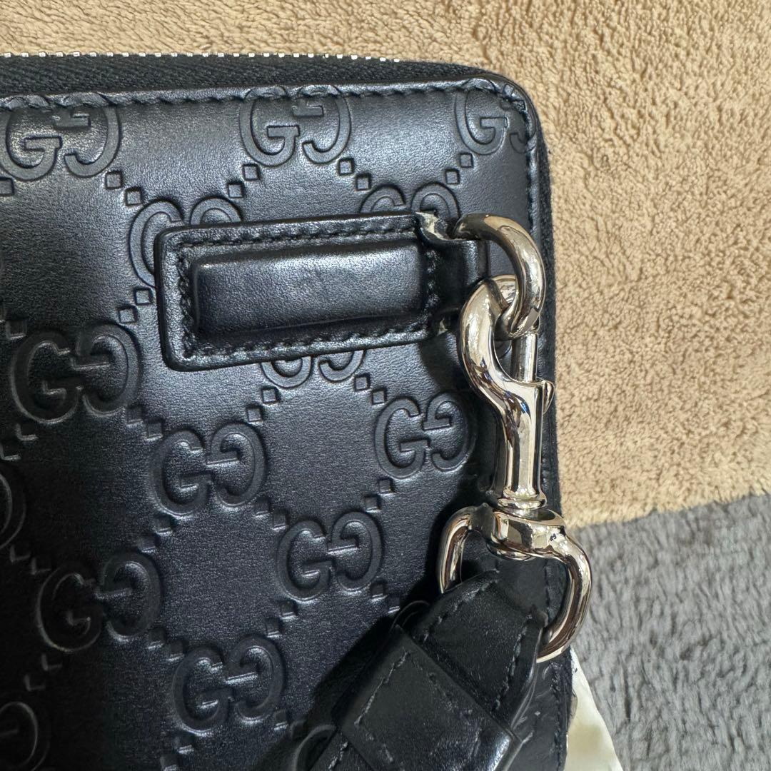 GUCCI ブラックレザー 長財布 GGパターン　トラベルポーチ　ダブルジップ