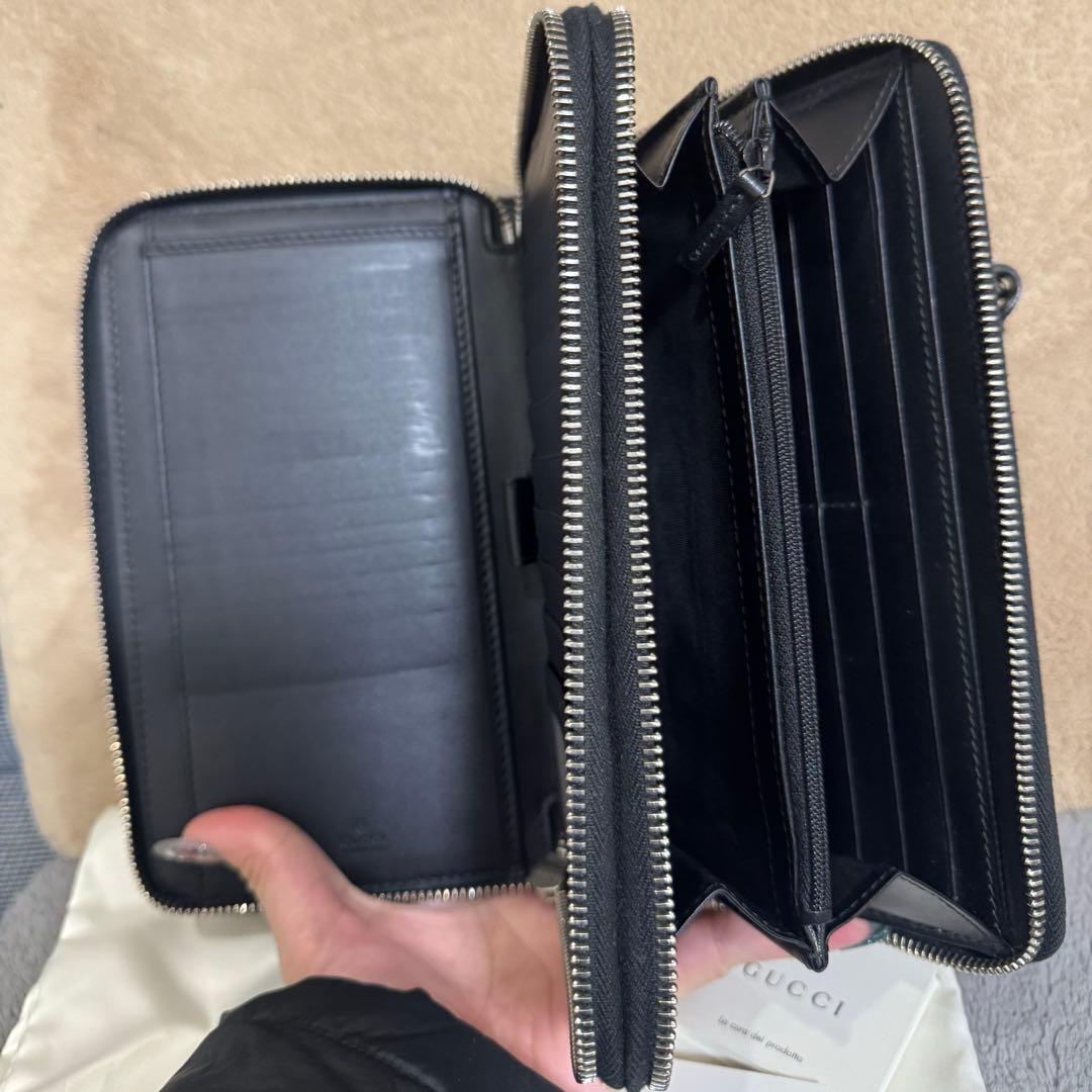 GUCCI ブラックレザー 長財布 GGパターン　トラベルポーチ　ダブルジップ
