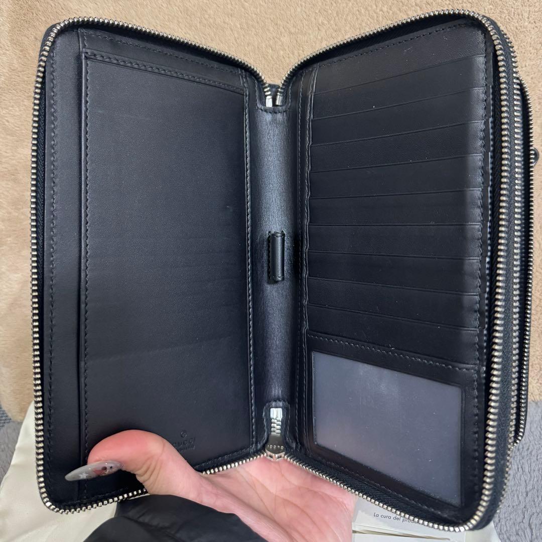 GUCCI ブラックレザー 長財布 GGパターン　トラベルポーチ　ダブルジップ