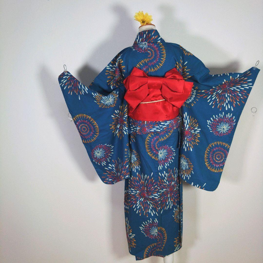 キッズ　子供　浴衣　130cm　女の子　ブルー　花火　作り帯　赤　　兵児帯　黄色
