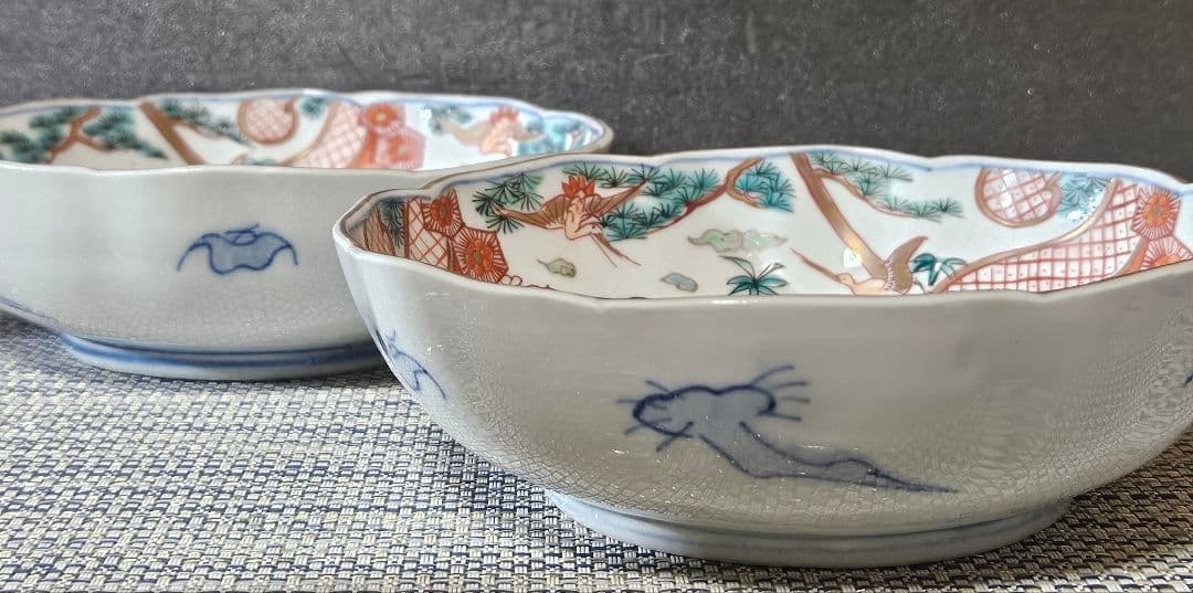江戸時代末期〜明治　古伊万里　錦手　金彩色絵　松鶴図　金彩赤絵　大振なます皿2客