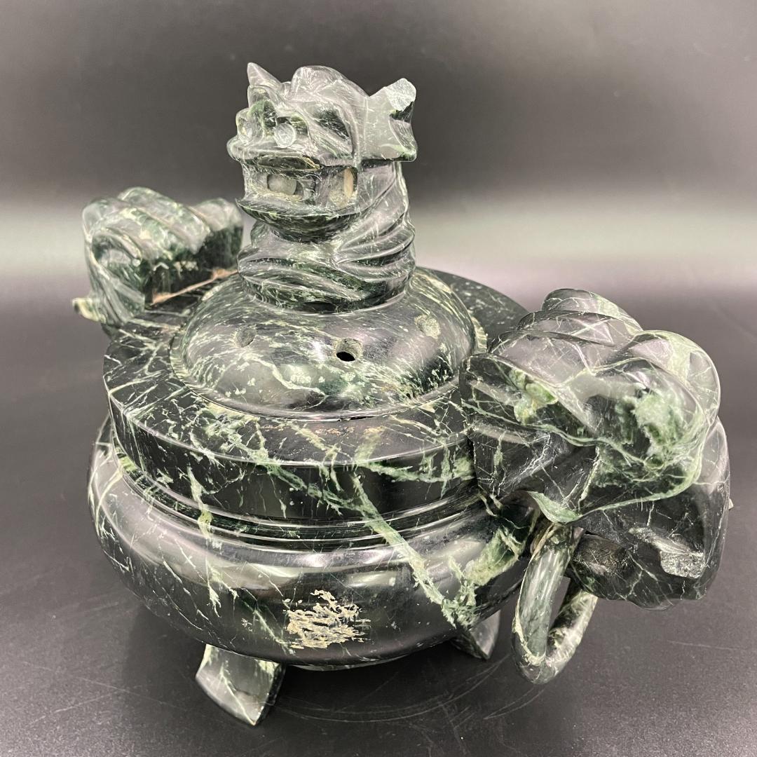 蛇紋石 彫刻 象耳遊環付 三足香炉 天然石 香炉 高さ19cm 重量3kg