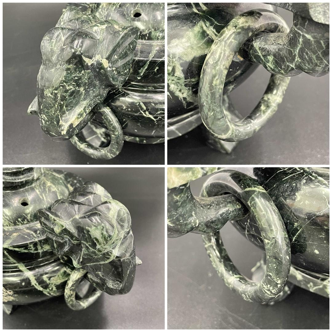 蛇紋石 彫刻 象耳遊環付 三足香炉 天然石 香炉 高さ19cm 重量3kg
