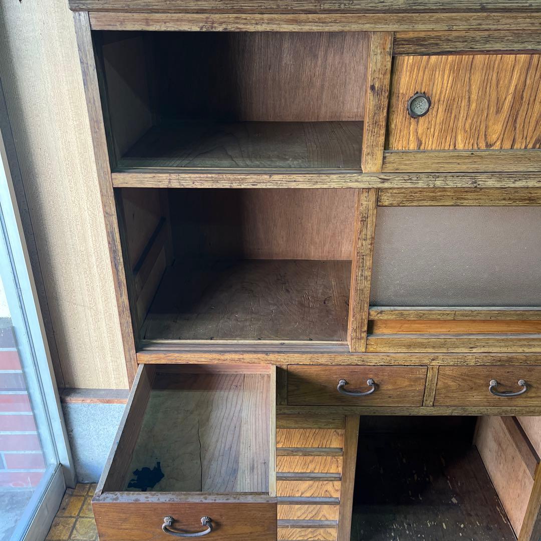 水屋箪笥 昭和初期 ガラス扉 キャビネット 引き出し三杯