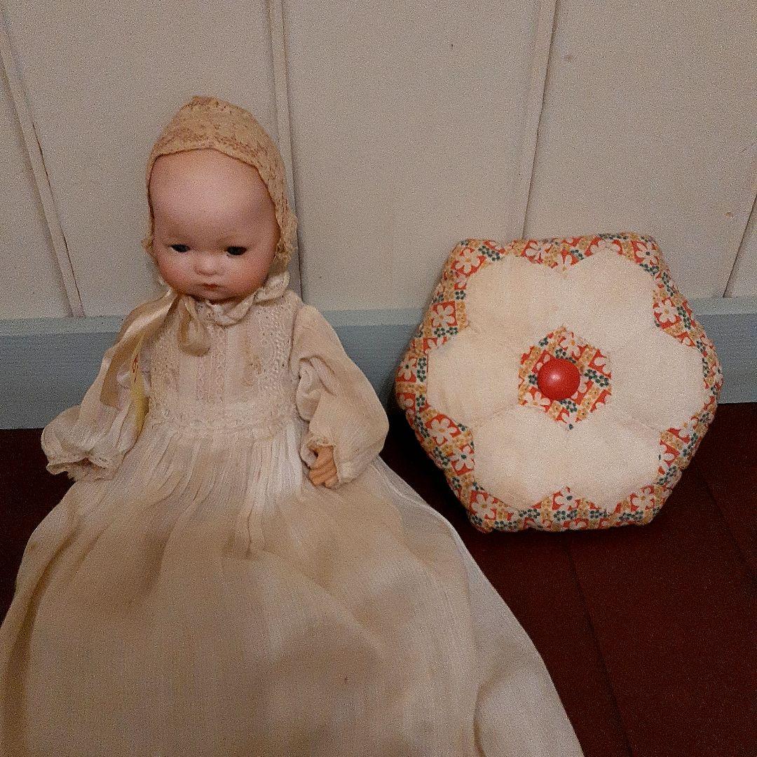 ⭐可愛いです！！目を閉じる！アンティークビスクドール　クッション付き　18