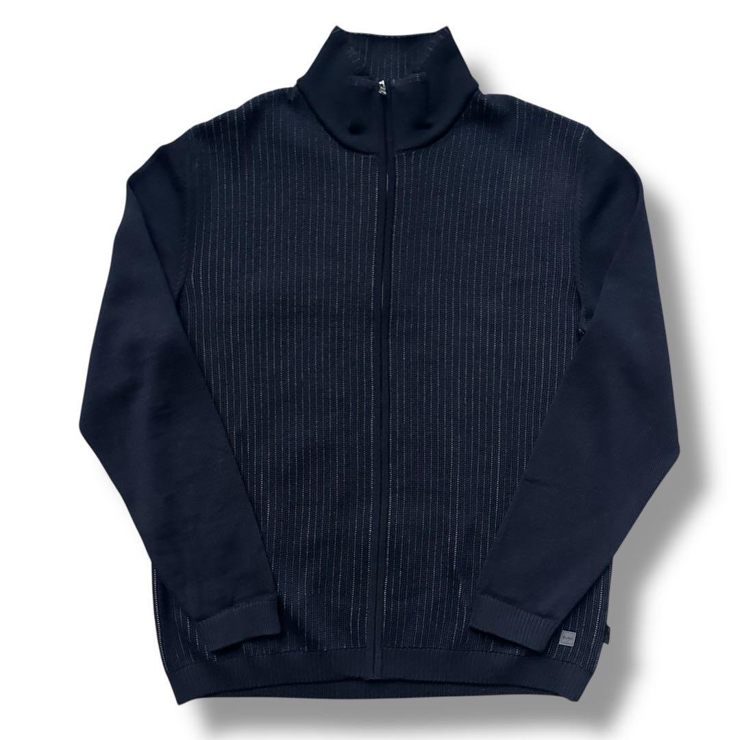 XXL 美品 ヒューゴボス ドライバーズニット ストライプ ウール 紺 メンズ