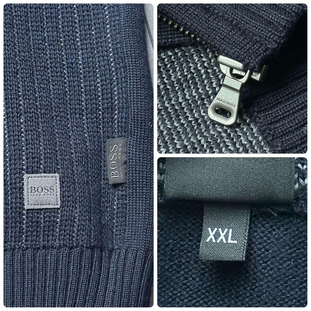XXL 美品 ヒューゴボス ドライバーズニット ストライプ ウール 紺 メンズ