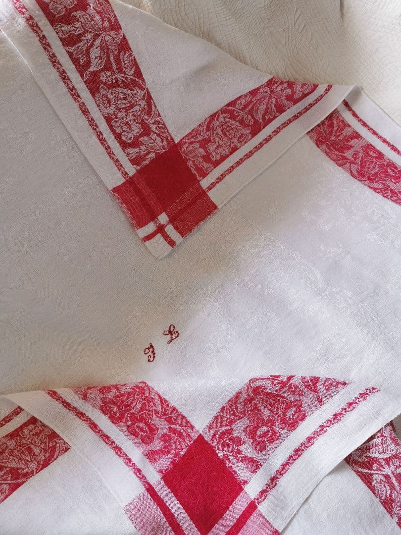 アンティーク ダマスクリネン 風鈴草 釣鐘草 百合の大判クロス フランス購入