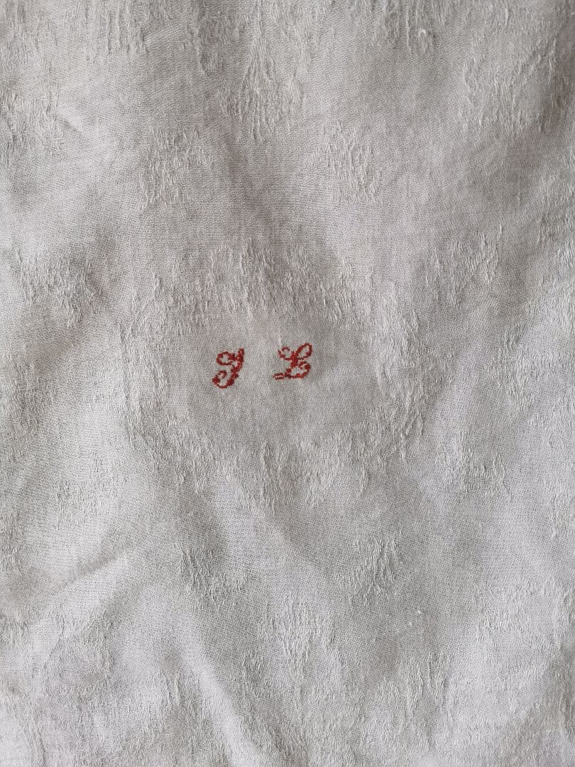 アンティーク ダマスクリネン 風鈴草 釣鐘草 百合の大判クロス フランス購入