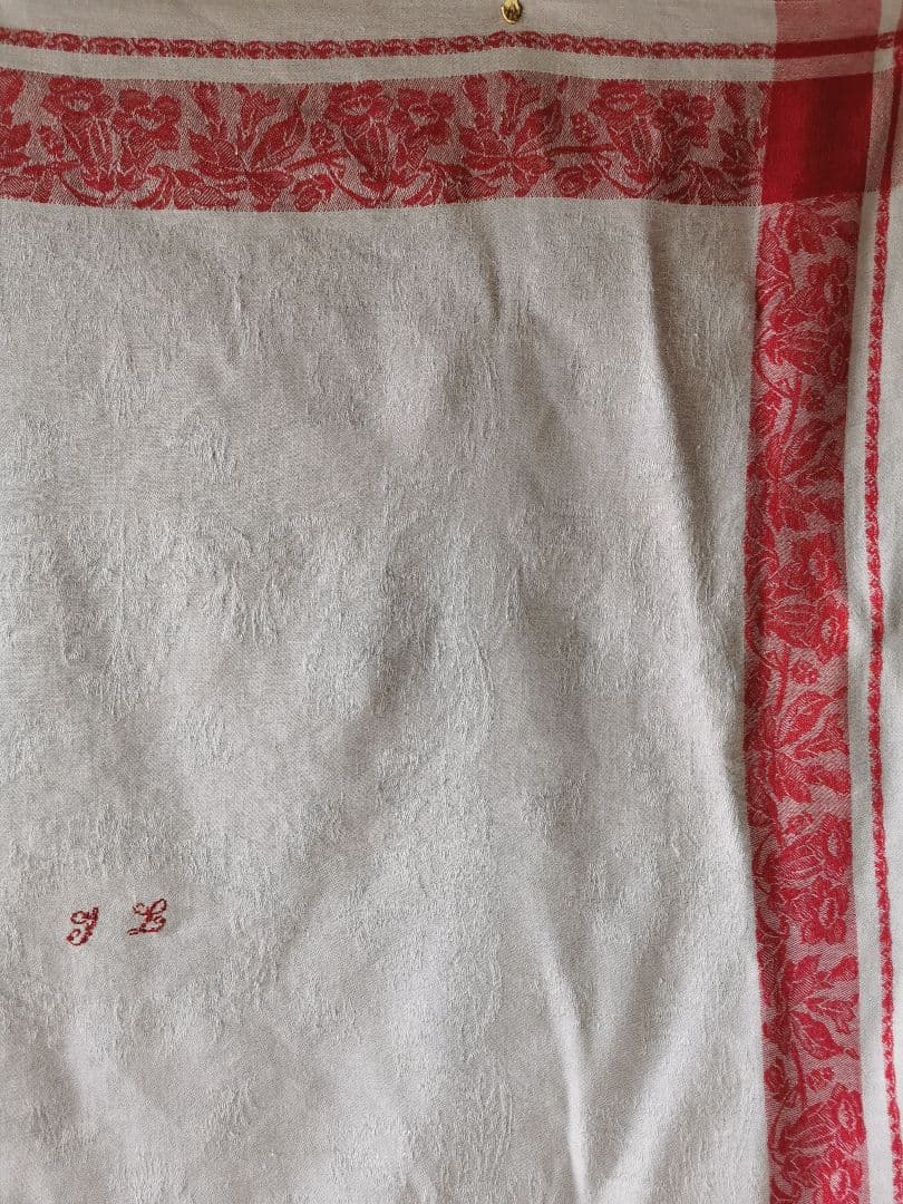 アンティーク ダマスクリネン 風鈴草 釣鐘草 百合の大判クロス フランス購入