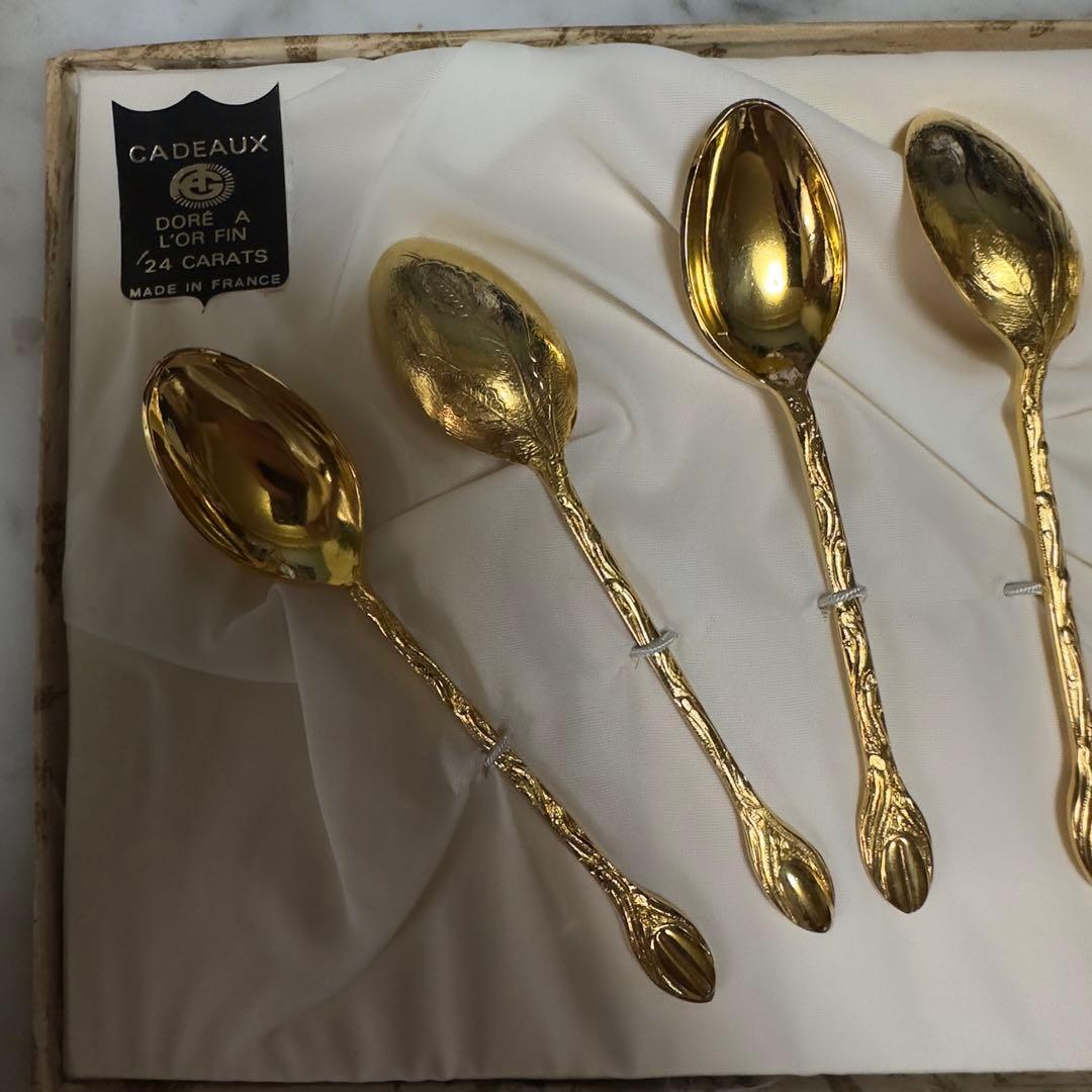 24金メッキ ティースプーン 6本　葉の模様　アンティーク