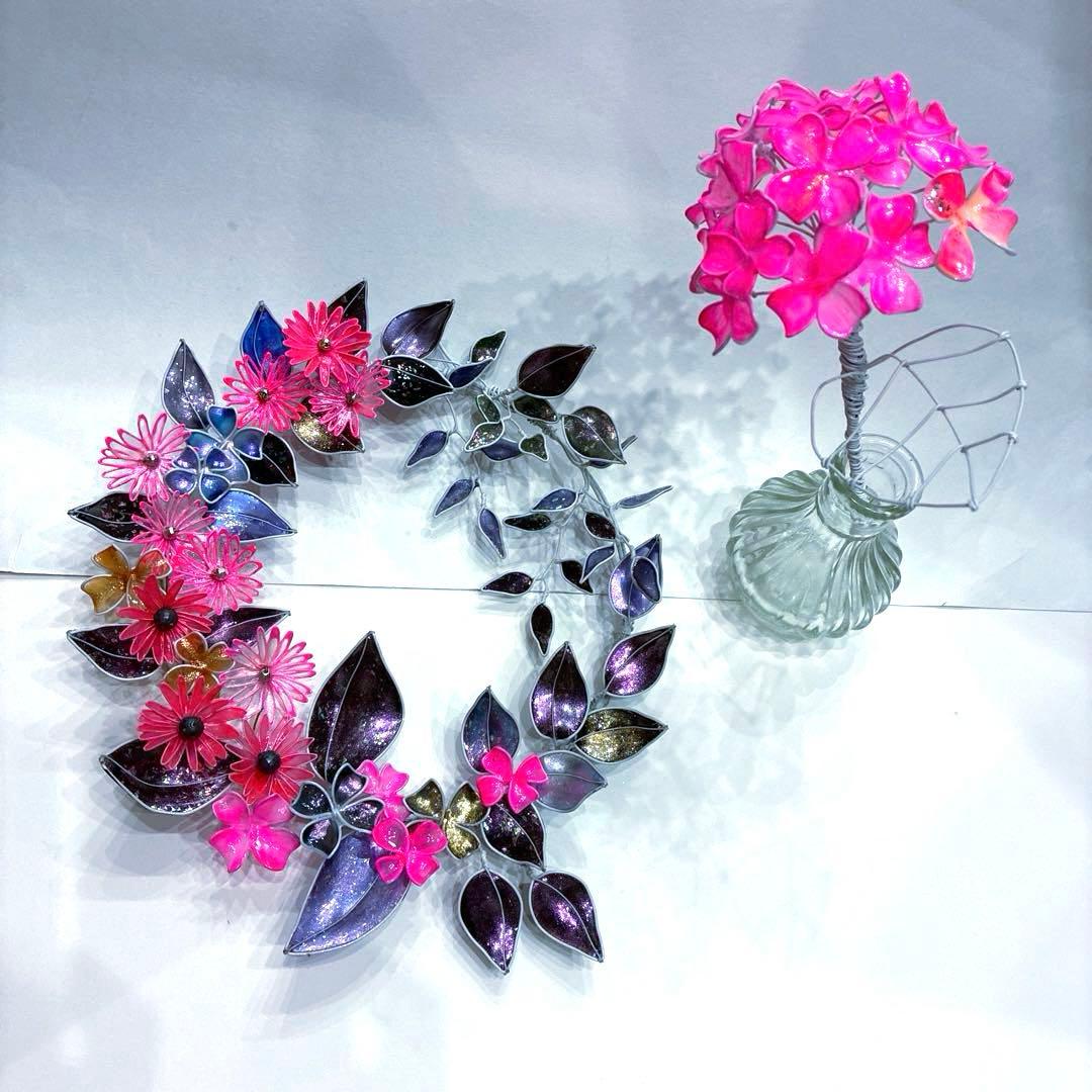 2点セット　ネオンフラワーリース　紫陽花一輪　ワイヤークラフト　ディップアート