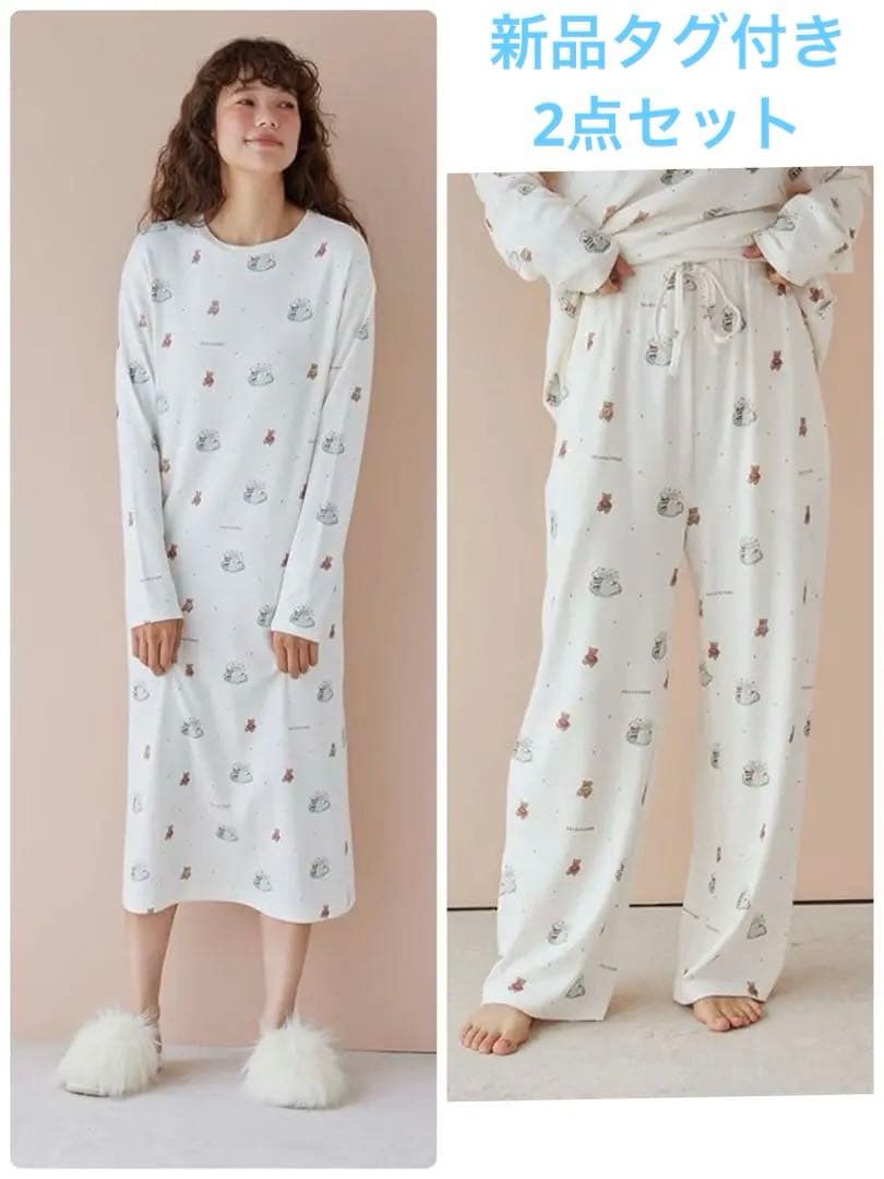 【新品未使用】ジェラートピケ＊ベアケーキ柄ワンピース&ロングパンツ2点セット