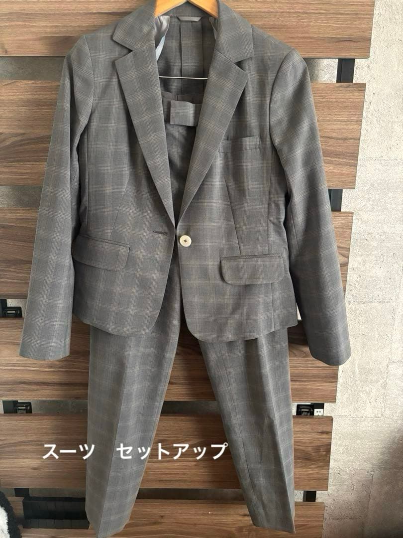 青山　グレー チェック柄 スリムフィット スーツ上下