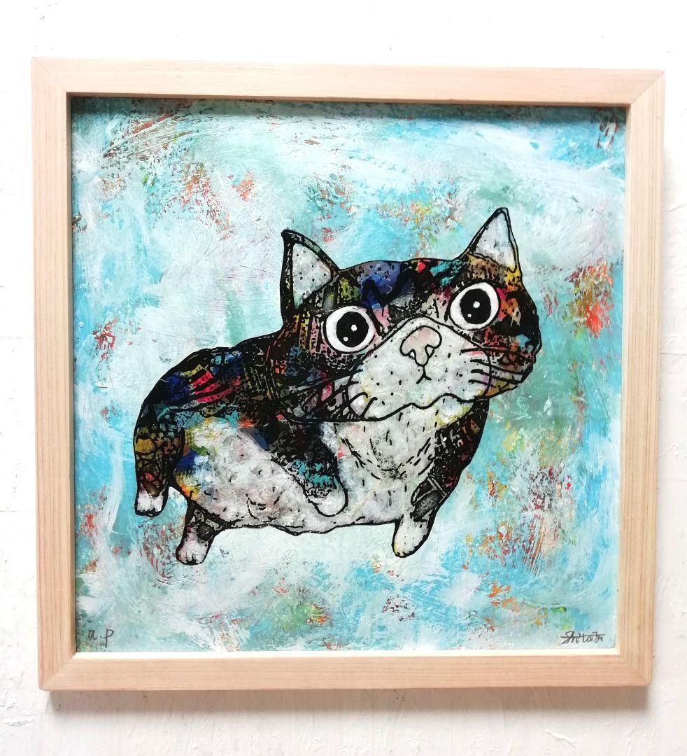 銅版画応用絵画　title「プカプカ猫」