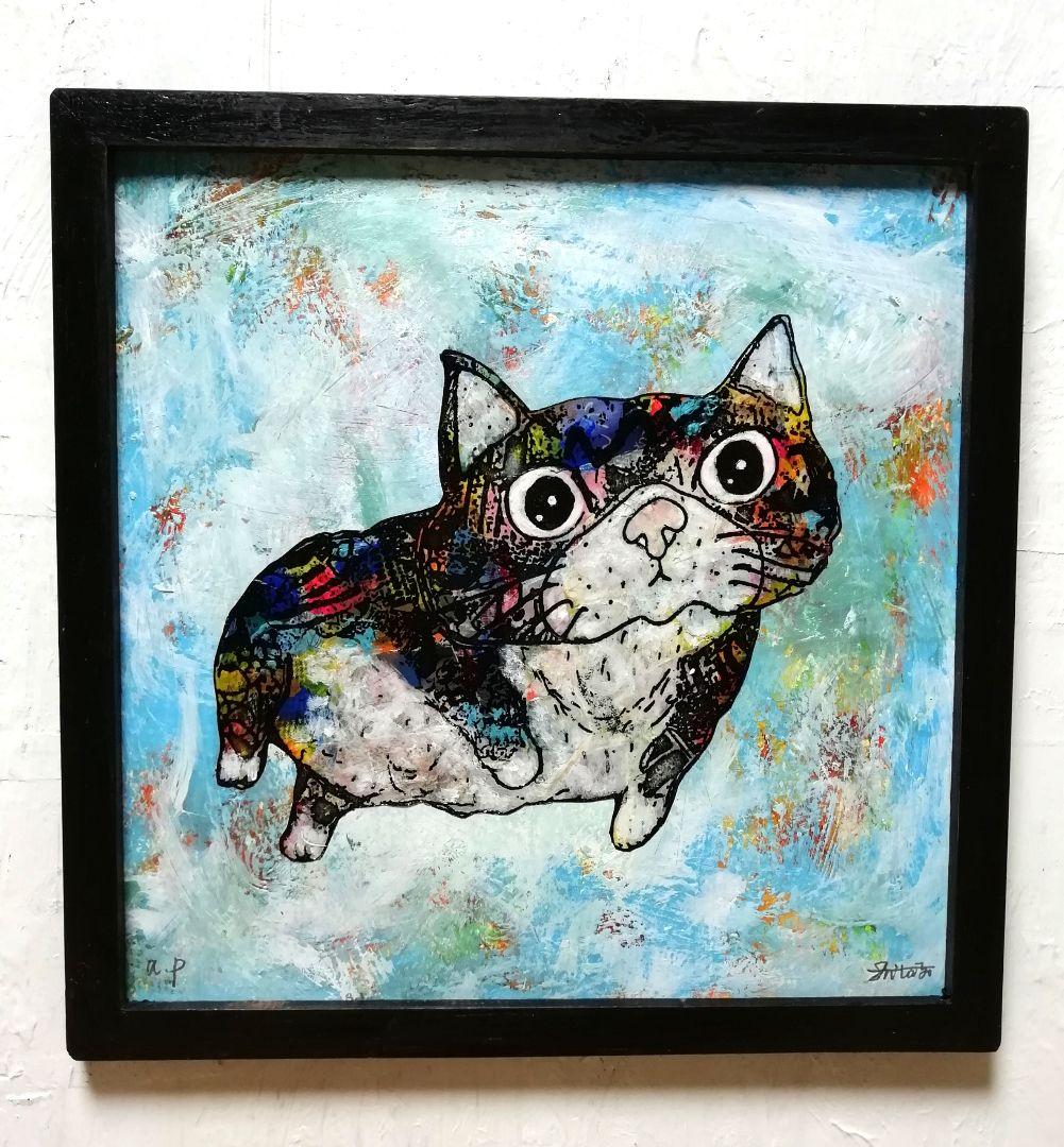 銅版画応用絵画　title「プカプカ猫」
