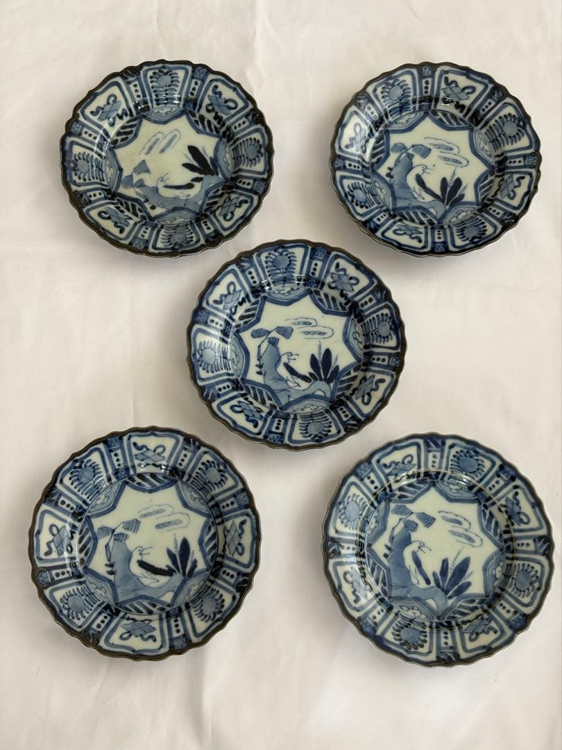 古伊万里 染付鳥文なます皿 5客 直径16㎝ 初期伊万里 李朝 古染付 民藝