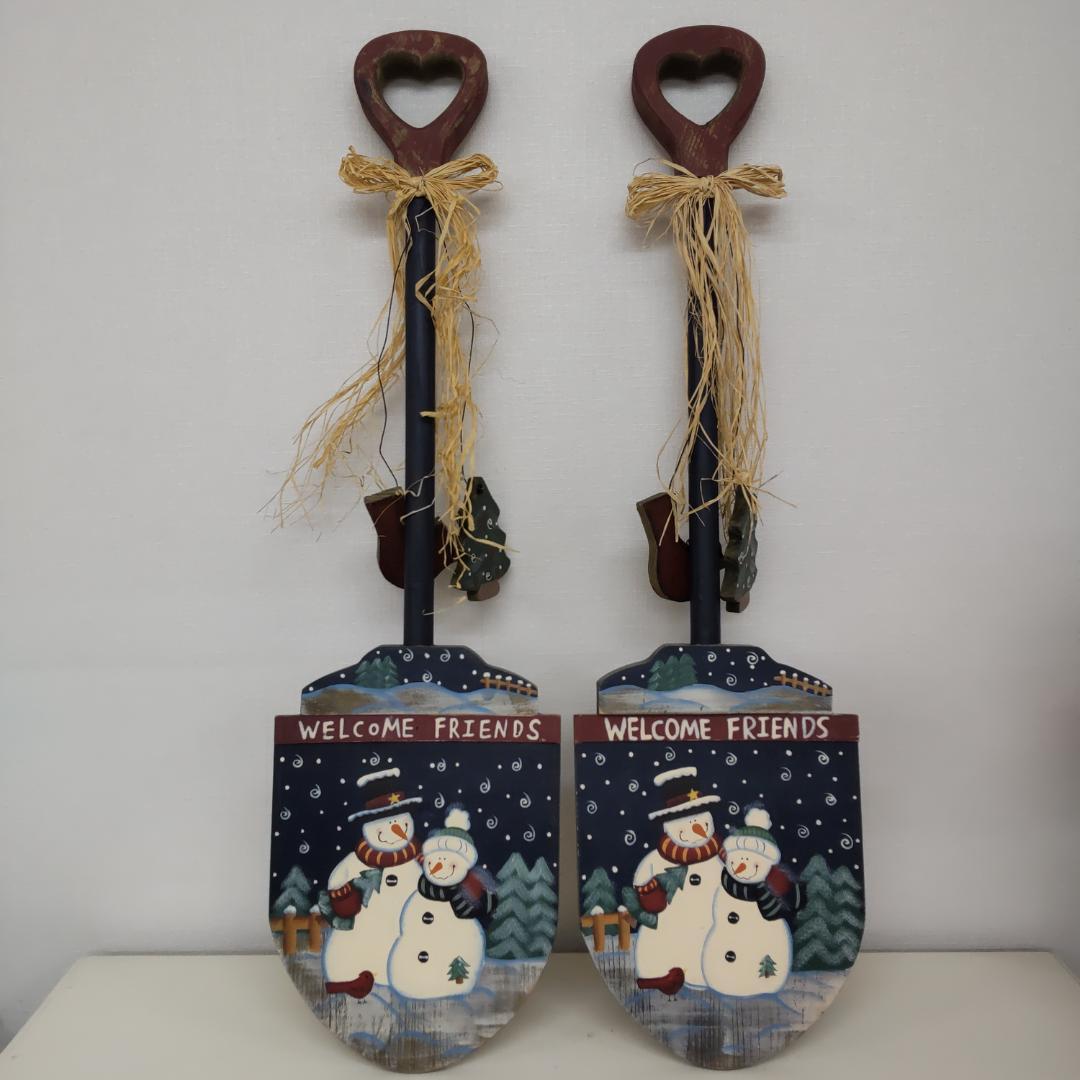 80cm+　クリスマス　重厚　木製スコップ　2点　スノーマン　カントリー　大きい