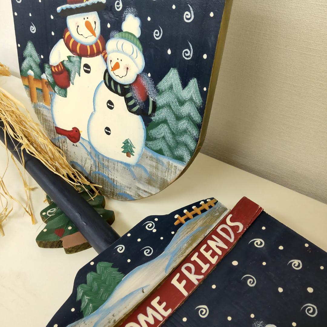 80cm+　クリスマス　重厚　木製スコップ　2点　スノーマン　カントリー　大きい