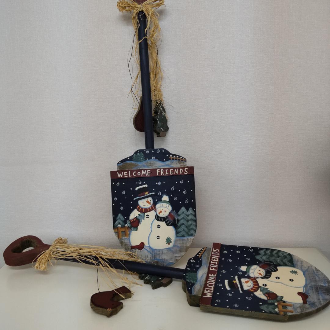 80cm+　クリスマス　重厚　木製スコップ　2点　スノーマン　カントリー　大きい