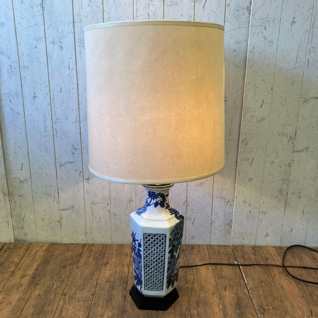 昭和レトロ 陶器製 染付 牡丹 透かし スタンドランプ フロアライト 照明器具